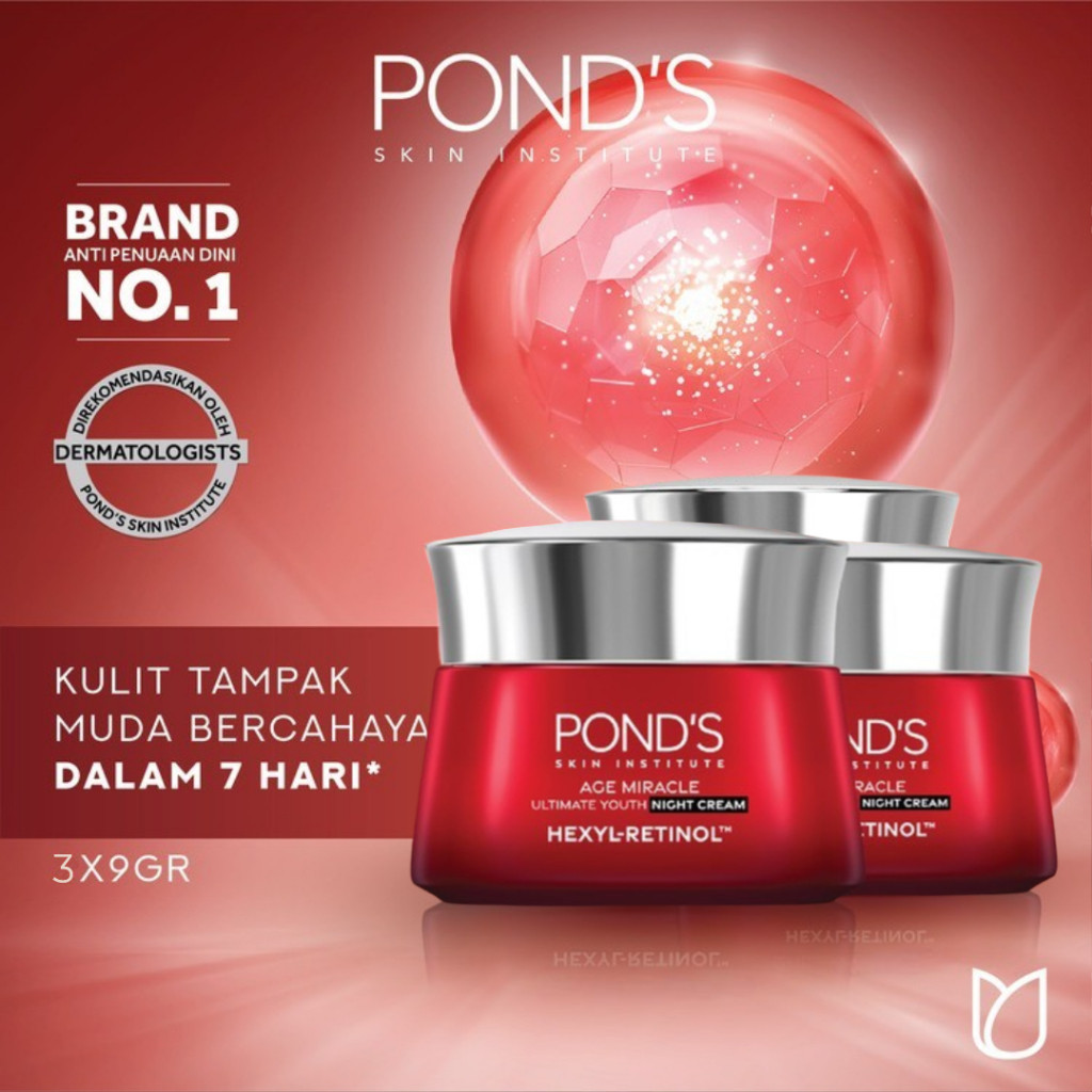 Pond's Age Miracle Hexyl Retinol Niacinamide Night Cream 9gr Mencerahkan Kulit Kusam x 3 Pcs