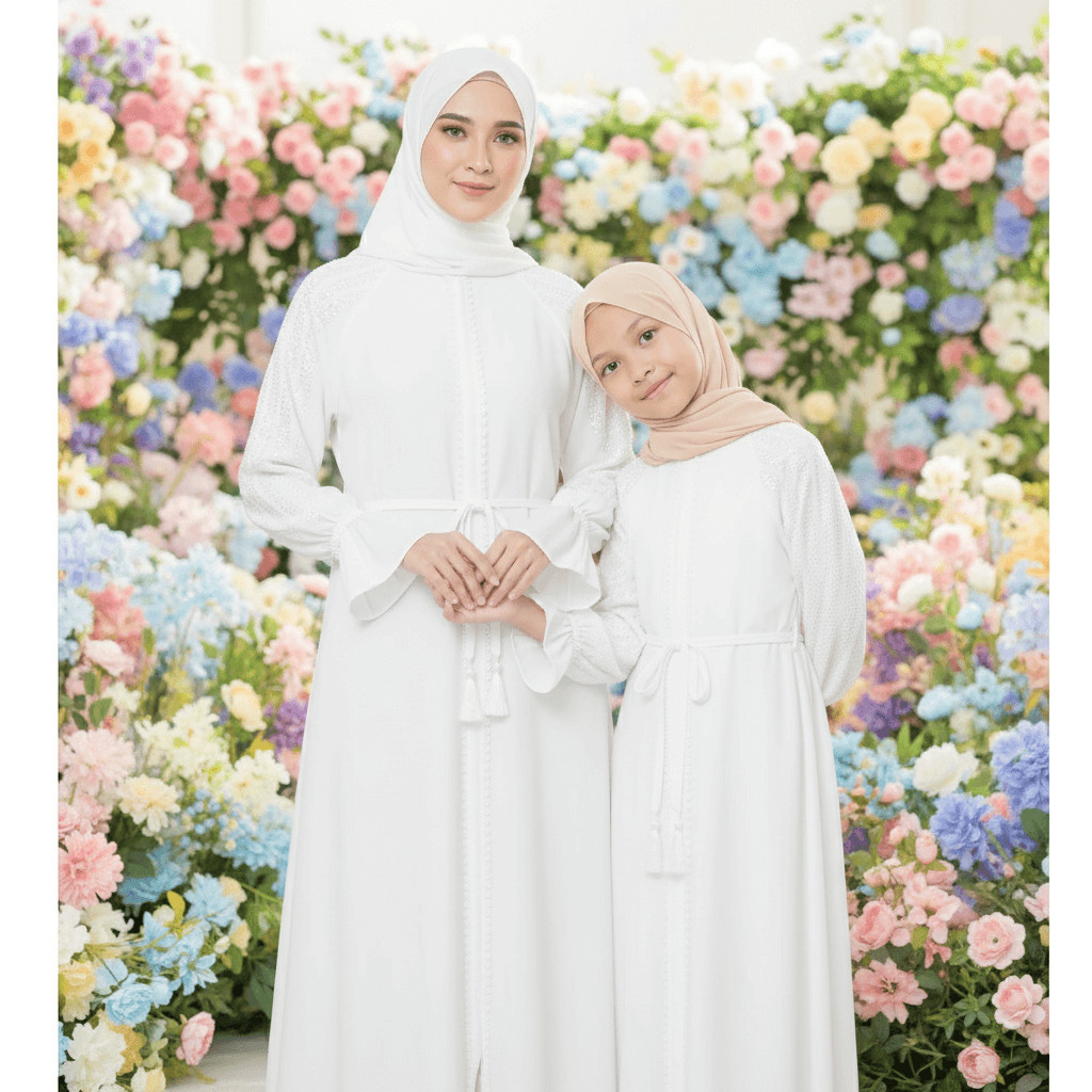 Abaya Couple Ibu Anak Terbaru Premium Muslim Mom 2026 Lebaran Gamis Kids Putih Hitam Remaja Mewah