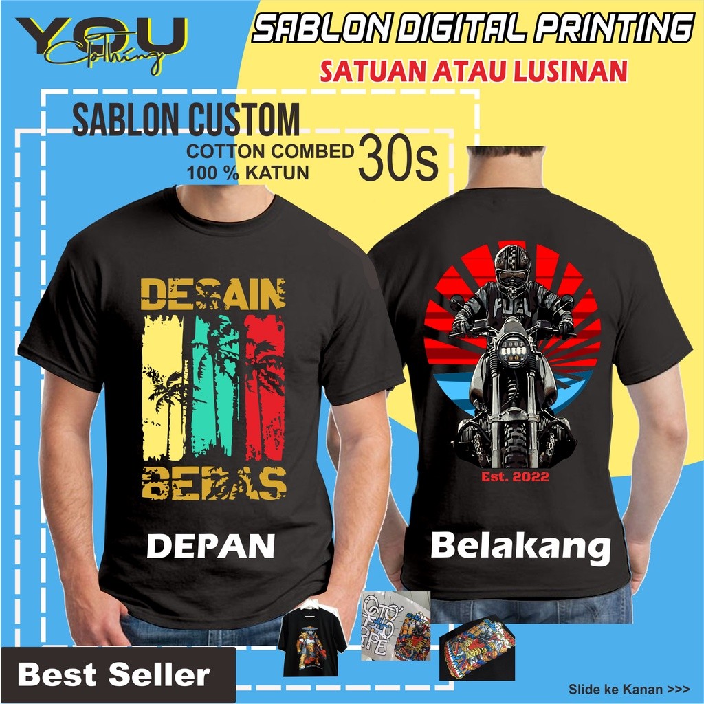 SABLON DEPAN BELAKNG / BAJU KAOS SABLON CUSTOM SATUAN FOTO GAMBAR NAMA TULISAN KATA KATA DESAIN SEND