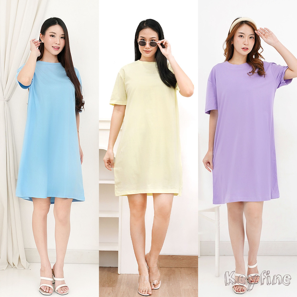 Keyfine Dress Midi Wanita Polos Bahan Katun 100% I Terusan Midi Selutut Lengan Pendek Wanita Premium