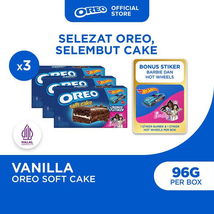 Oreo Soft Cake 96g (Paket isi 3), Kue Bolu Cokelat dengan Krim Rasa Vanila BONUS Stiker Barbie & Hot