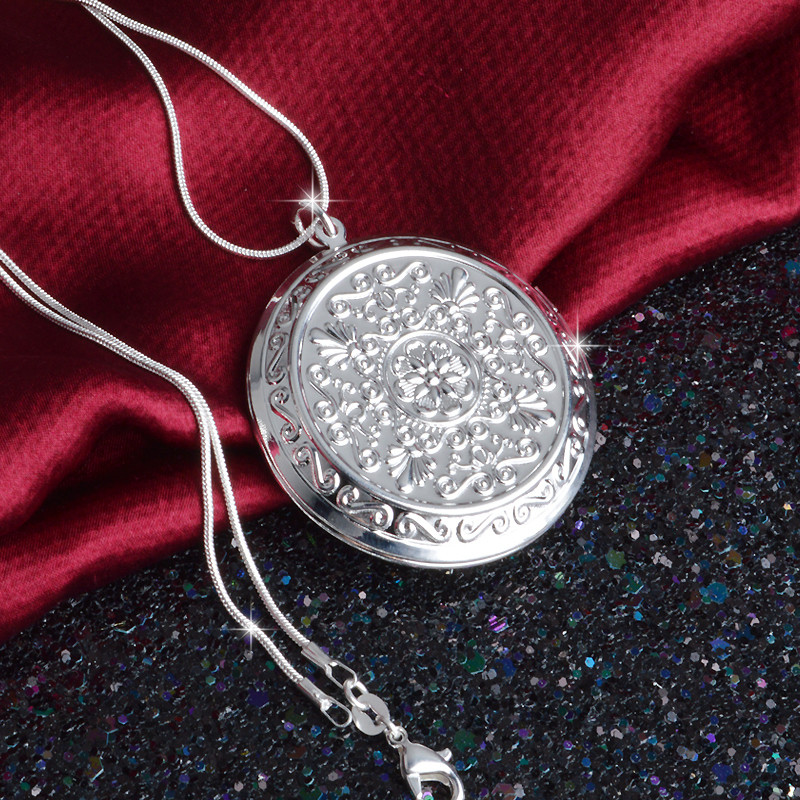 Vintage Elegant 925 Sterling Silver Round Photo Box Pendant Necklace Locket Necklaces Birthday Gift