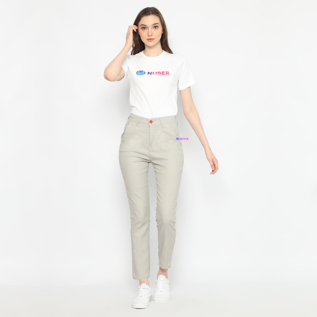 Straight High Waist Chinos Celana Panjang Wanita Katun Premium Hitam Sand Putih Plumeria