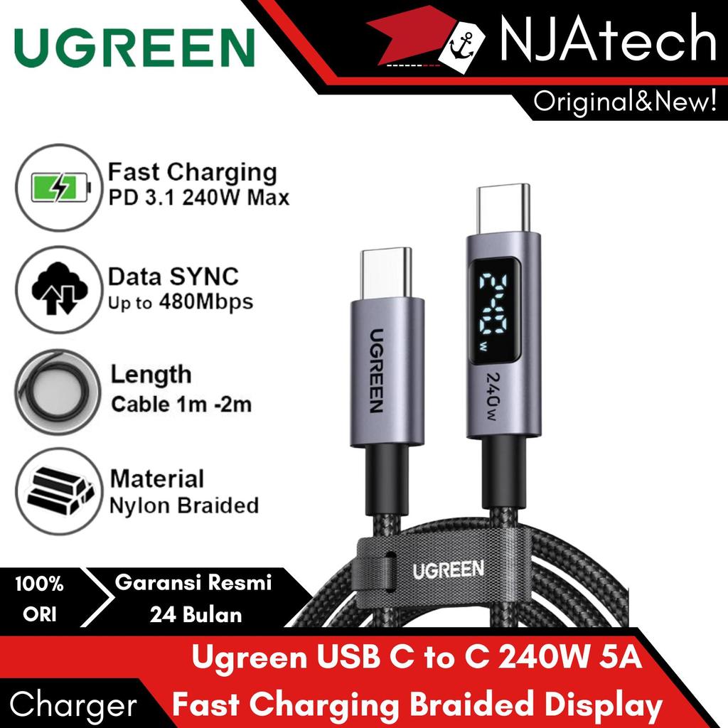 UGREEN Kabel Data PD Type C to Type C Digital Display Fast Charging 240W Max 5A Nylon Braided