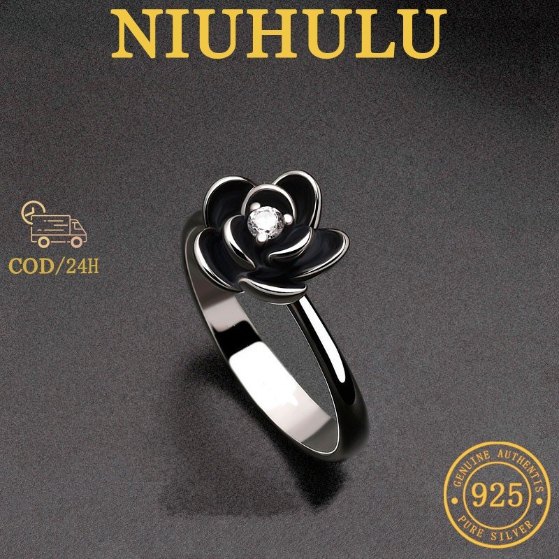 Cincin Mawar Hitam Perak Sterling 925 Dengan Aksen Berlian