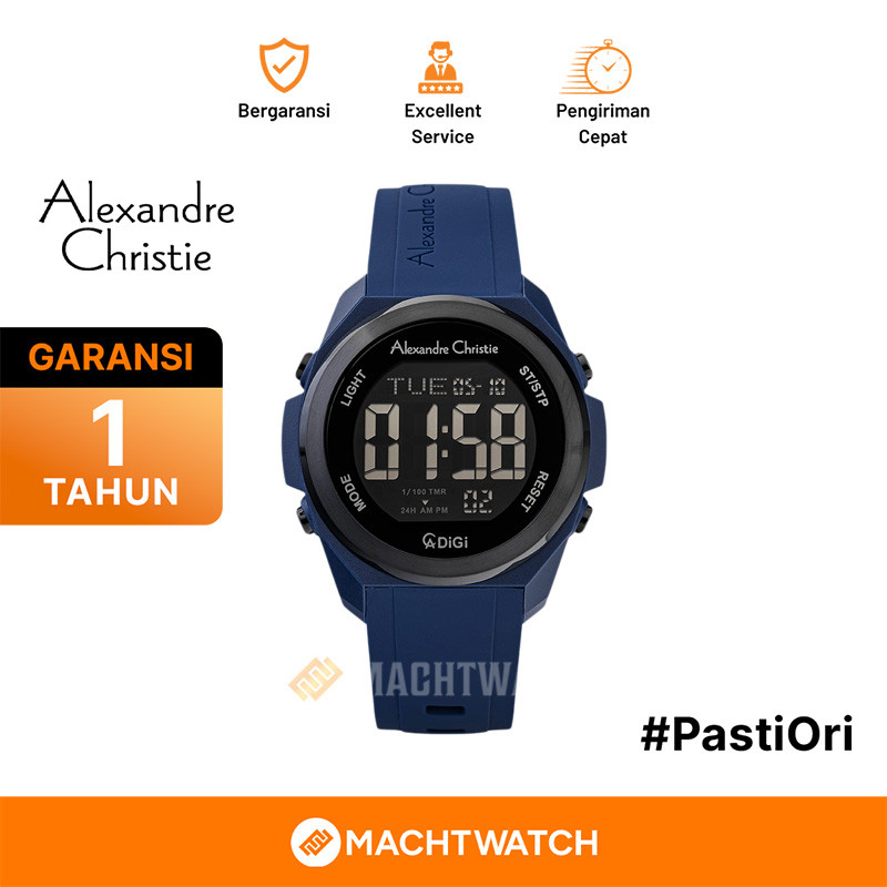 Jam Tangan Pria Alexandre Christie Digi AC 9342 MH RIPBABU Men Black Digital Dial Blue Rubber Strap