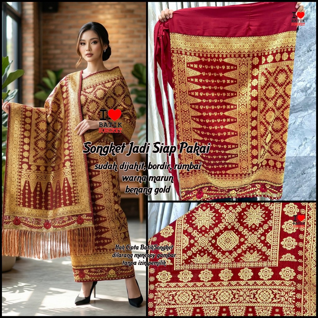 SONGKET JADI BORDIR MOTIF 2 SIAP PAKAI SUTRA PALEMBANG BENANG KRISTAL EMAS PENGANTIN MERAH MARUN PEN