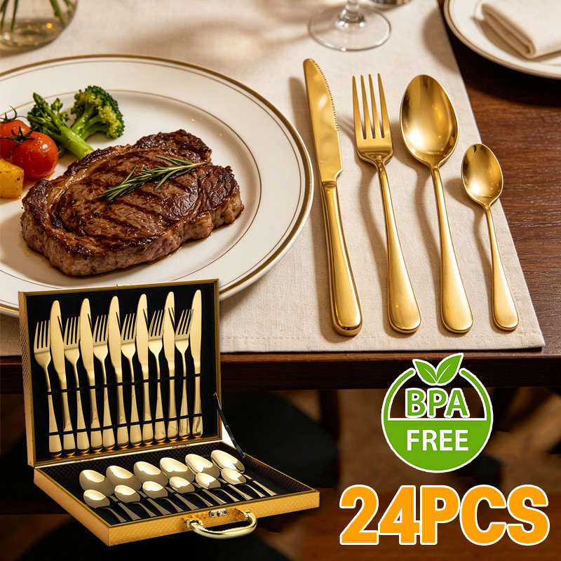 Set 24pcs Set Alat Makan Korea Sendok Garpu Pisau Set Mewah Perlengkapan Makan Set Gift Box Cutlery 