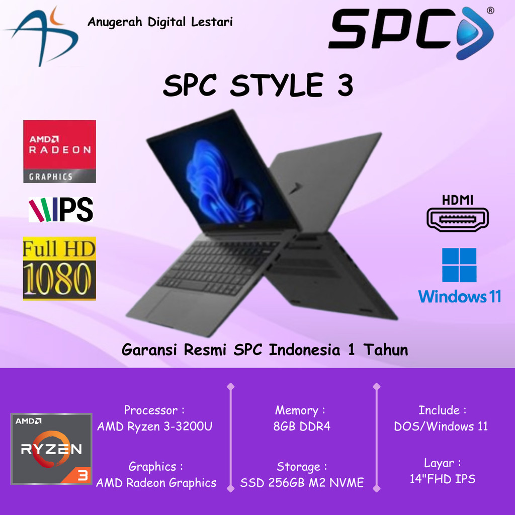 SPC Style 3 Ryzen 3-3200U 8GB 256GB 14"FHD IPS DOS/WIN 11 Backlit