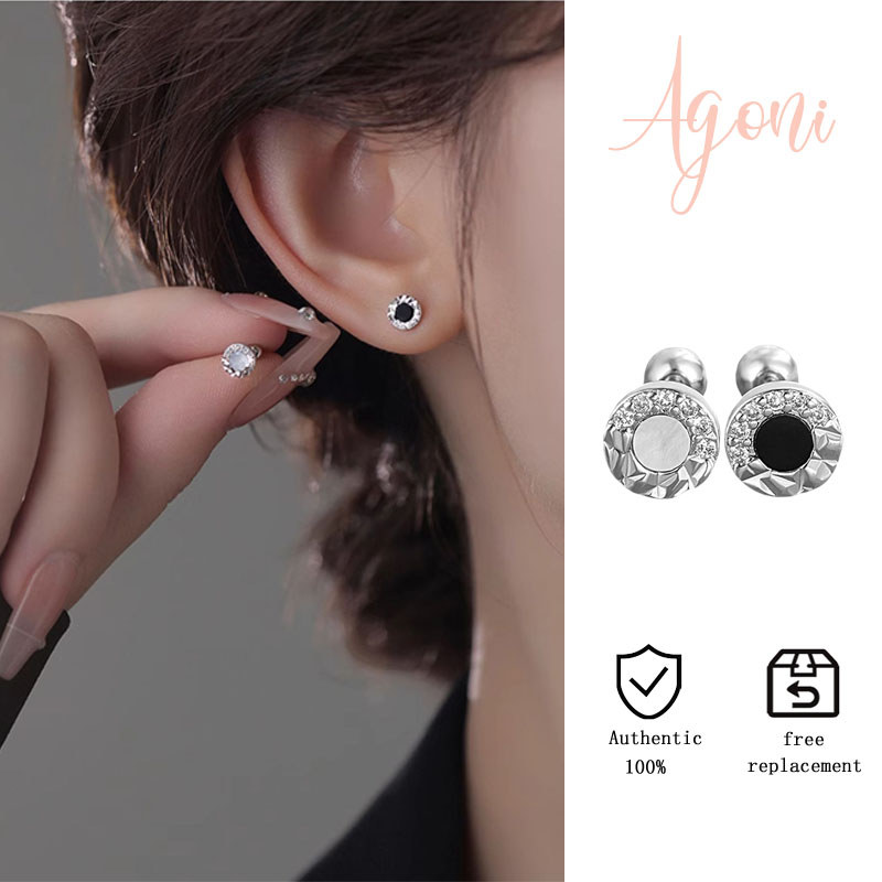 Anting-anting putar sekrup cangkang onyx hitam berbentuk lingkaran kecil yang modis