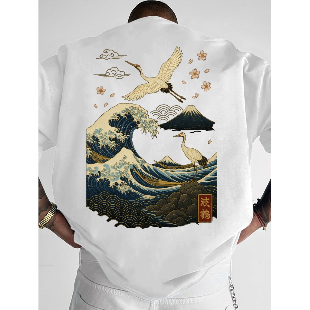 Kaos Distro "Gelombang & Bangau" - Desain Ukiyo-e Jepang, Gaya Streetwear Korea & Barat, Must-Have T