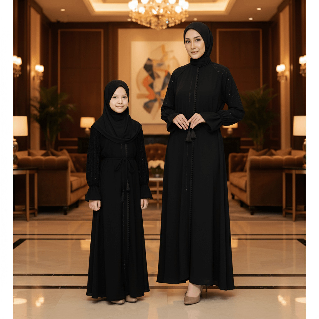 Abaya Couple Ibu Anak Kids Terbaru 2026 Lebaran Putih Muslim Gamis Mewah Remaja Premium Hitam Mom