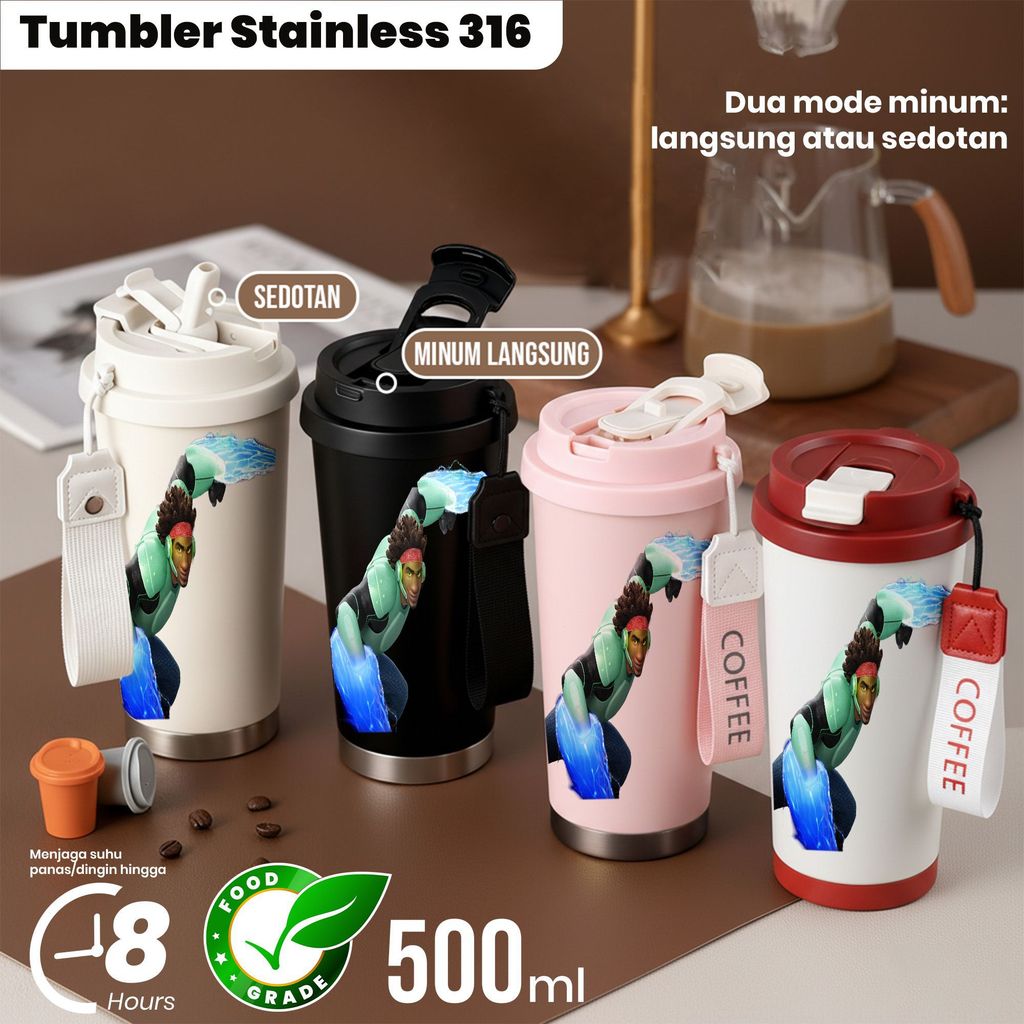 Botol Minum Tumbler Stainless 304 500ml dengan Desain Burung Nuri Warna Warni Off-White Hitam Pink P