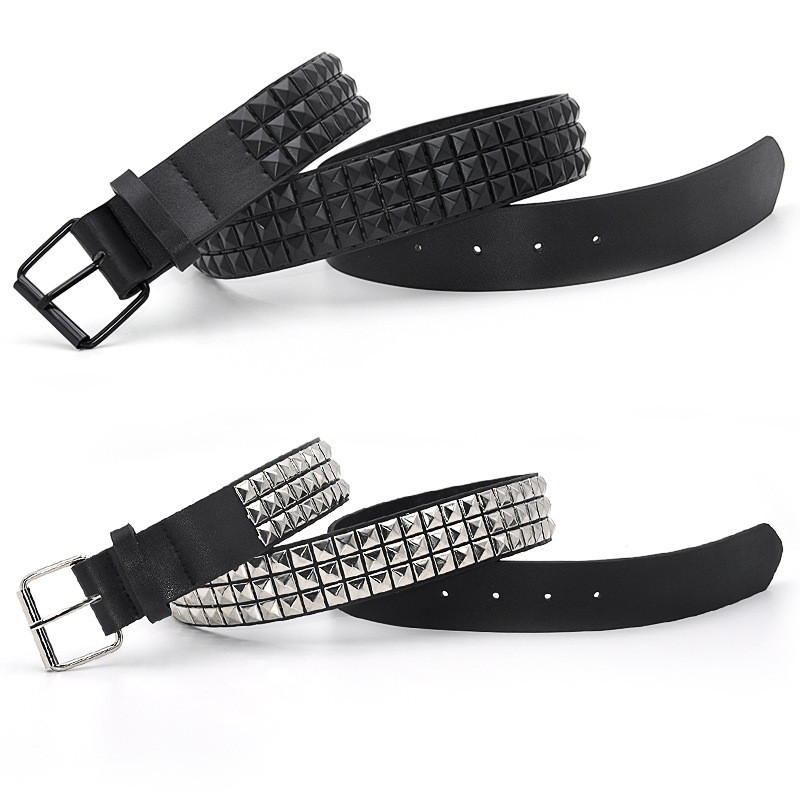 Pyramid Stud Belt Men Women Punk Gothic Rhinestone Metal Buckle Adjustable Black PU Leather Rave Acc