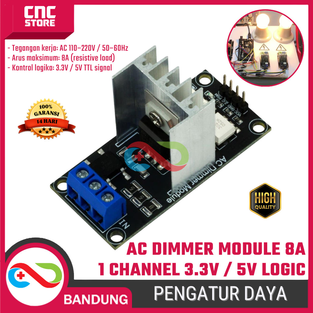 AC Dimmer Module 8A 1 Channel 3.3V 5V Logic – Modul Pengatur Daya Lampu dan Motor AC untuk Arduino