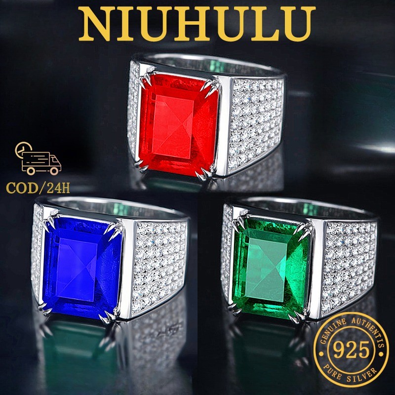 Cincin Pria Zirkonium Berlian Penuh Warna Lapis Emas Putih 18K Gaya Korea