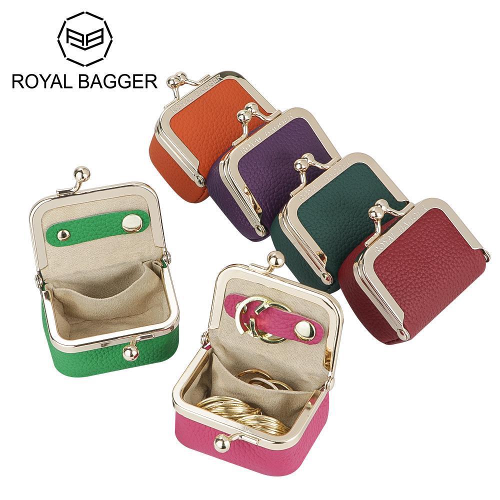 ZAHASHOP Royal Bagger Kotak Perhiasan Mini Kulit Sapi Asli Dompet Koin Wanita Ritsleting Gaya Solid 