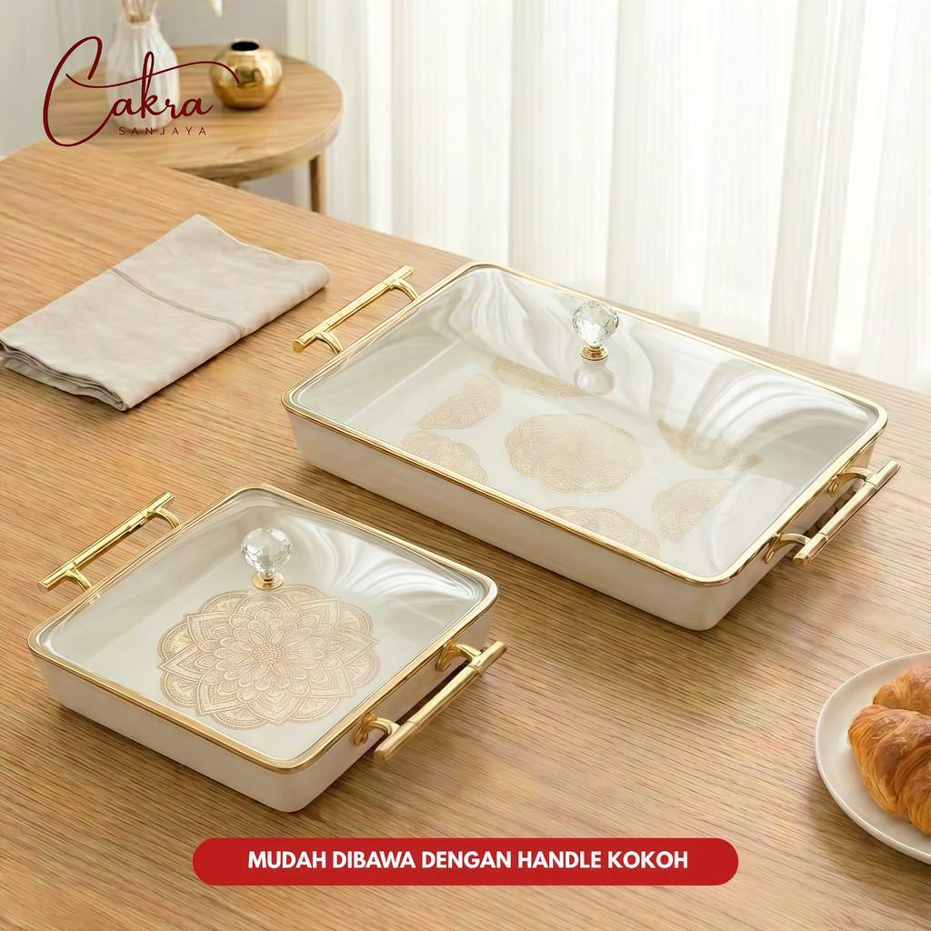 Tray Sajian Mewah Motif Emas Handle Premium Nampan Baki dengan Tutup Kristal Elegan untuk Tamu