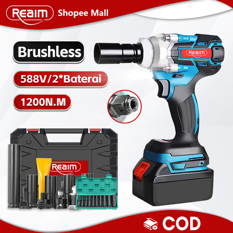 REAIM  Impact Wrench Brushless Bor Baterai Bor Listrik Impact Baterai Untuk Baut Mobil