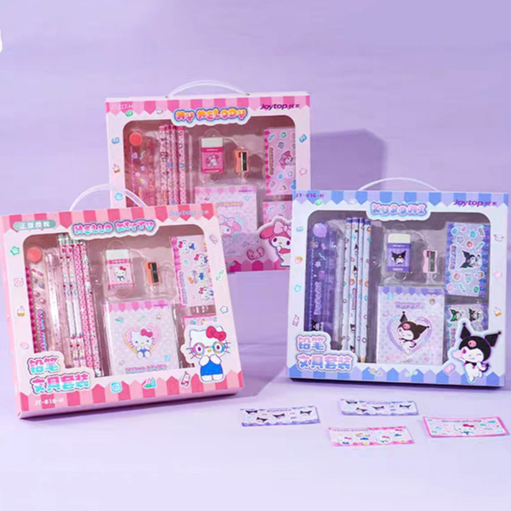 Genuine Sanrio Cartoon Stationery Gift Box Cute Hello Kitty Kuromi Melody Planner Pencils Erasers Ru
