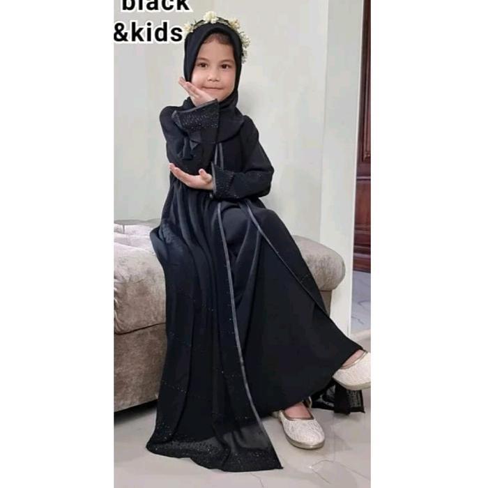Abaya Gamis Hitam Hara Anak Black Silver & Gold - Swarovs Black, S