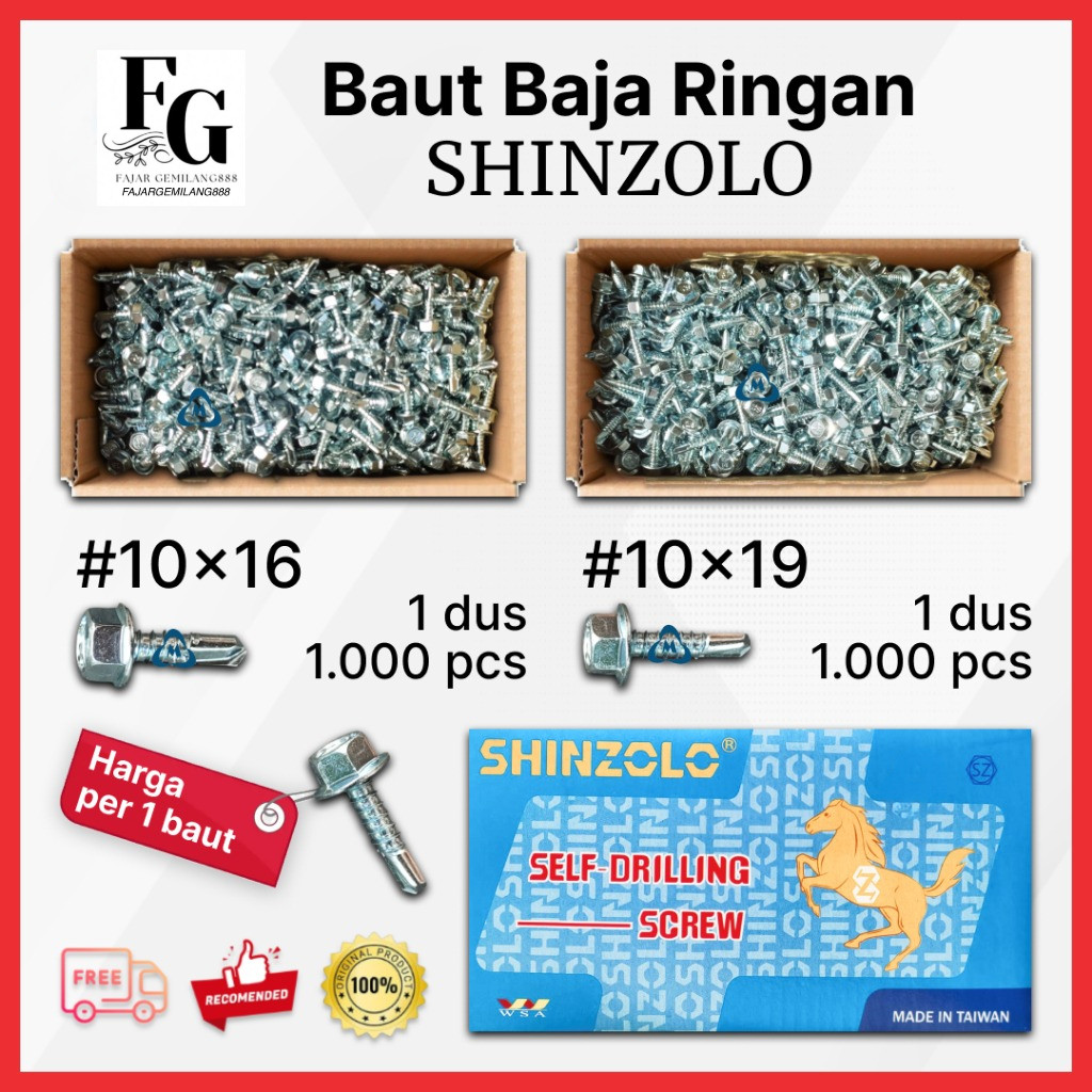 Baut Baja Ringan SHINZOLO #10x16 #10x19 - Skrup Baja Ringan ZOLO - Baut Roofing Screw