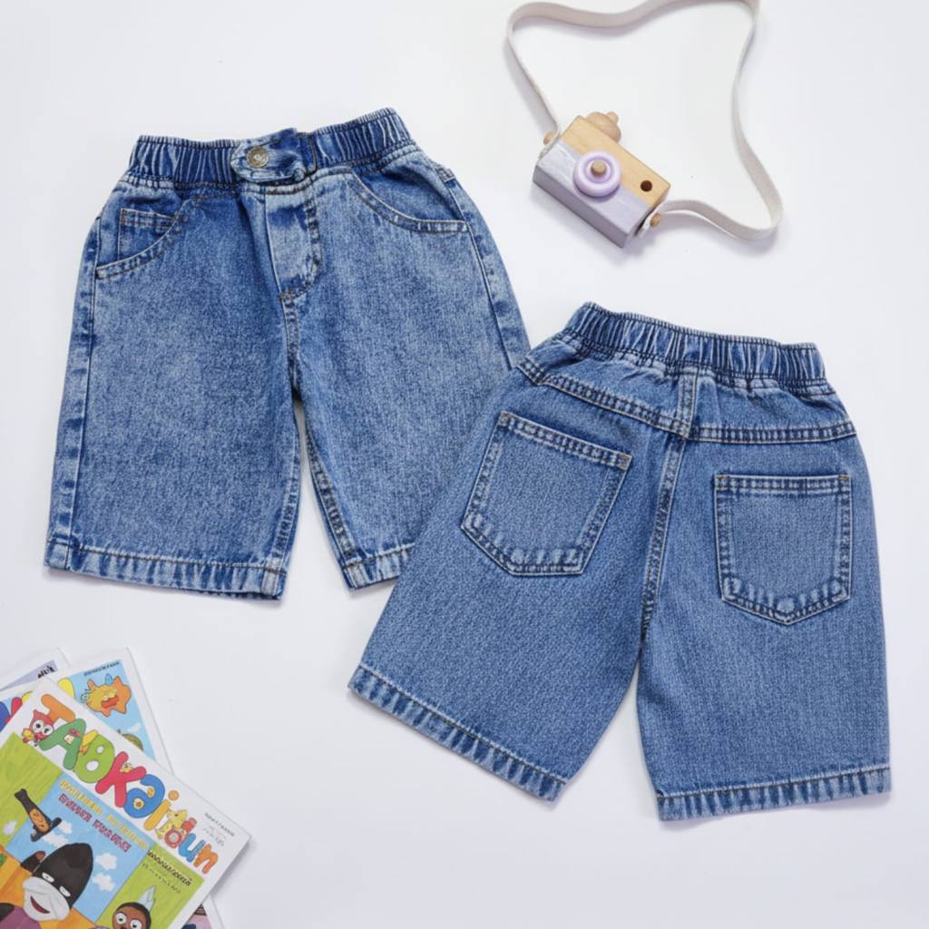 DARIS Celana Jeans Pendek Anak Cowok Cewek Denim Sandwash Biru Karet Pinggang 2–10 Tahun