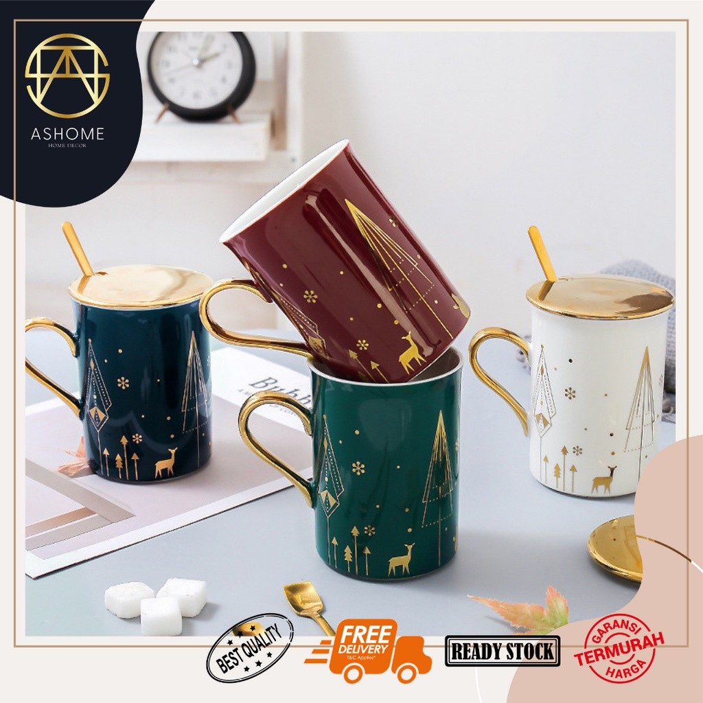RoyalHuis Gelas Minum Set Keramik Motif Natal Dengan Tutup Dan Sendok Gold/ Ceramic Mug Set With Cup
