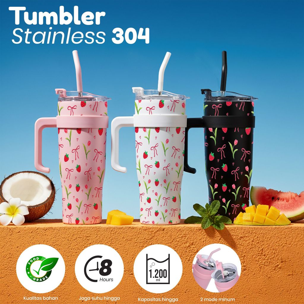 Tumbler Stainless 304 Stainless Steel 1200ml Kapasitas 8 Jam Tahan Suhu Strawberry Motif Pink Bow Ta