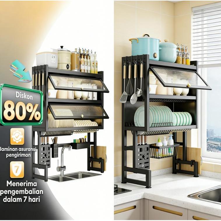 2 Susun Rak Piring Gantung Cuci Piring Wastafel Rak Multifungsi Piring Tertutup Rak Piring Wastafel