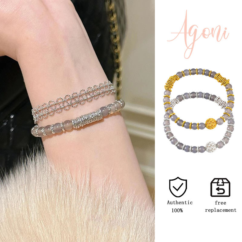 Gelang Jade Dua Warna Asap Dingin Perasaan Es Transparan Abu-abu Agate Perak Pola Palu Melilit