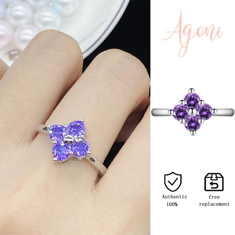 Cincin Terbuka Fashion Semanggi Empat Daun Amethyst Ungu Zircon
