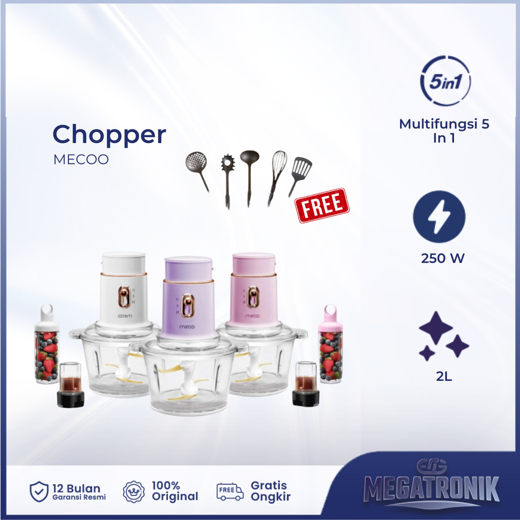 Mecoo Most Aesthetic 5 in 1 Antibacterial Odorless Chopper 250 Low Watt BPA Free / Blender Daging / 