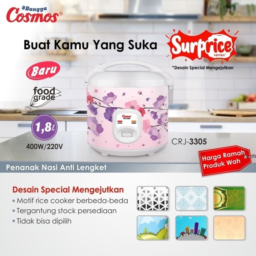 Cosmos Rice Cooker 1.8L CRJ-3305/CRJ3305/CRJ3305/CRJ 3305/CRJ-3305/CRJ 3305 Anti Lengket