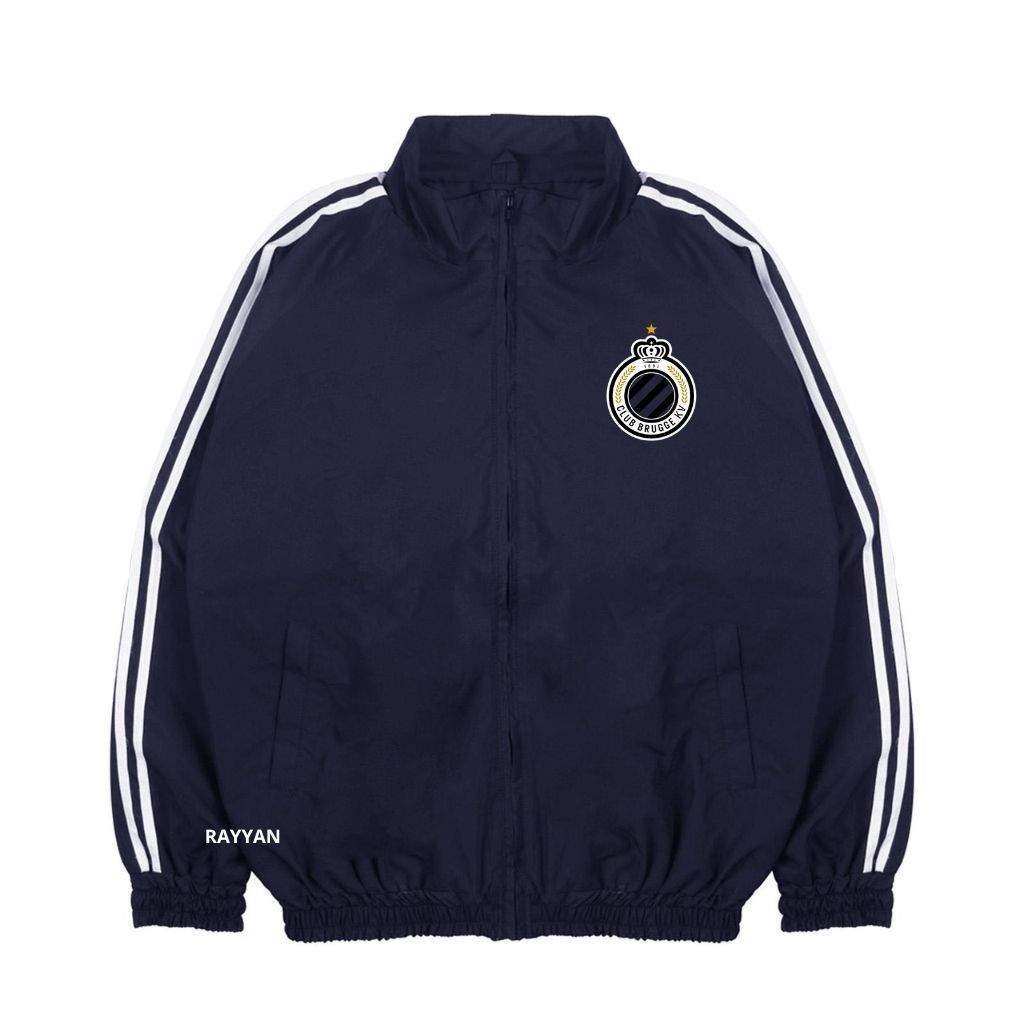 Club Brugge Jacket Tracktop Unisex Footbal Club Top Eropa / Dunia Warna Navy Blue Motif List Tangan 