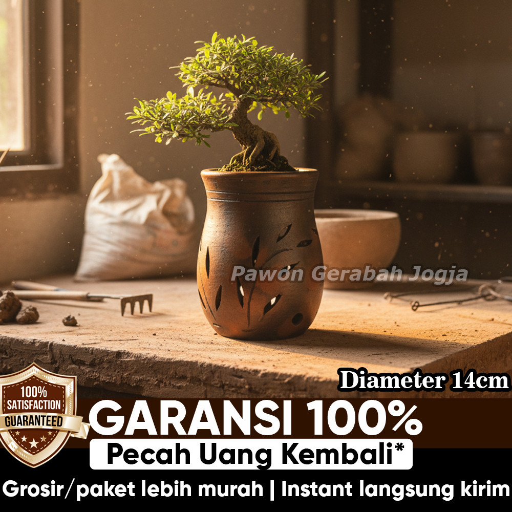 Pawon Gerabah | Pot Bunga Tanah Liat Gerabah Bentuk Gentong Mini Diameter 14cm | Ukir Daun Lubang Sa