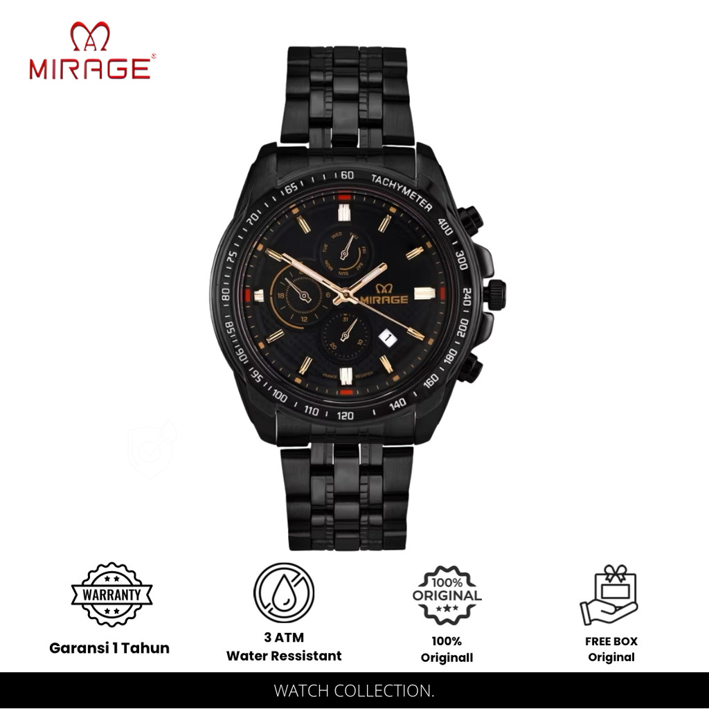 Mirage Watch Jam Tangan Chrono Pria Analog Formal Sporty Original Hitam 8535 / 8883 M Anti Air 3ATM 
