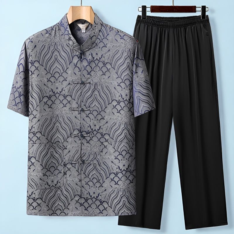Setelan Pria Lengan Pendek Usia 50+ Tahun Gaya China Tradisional Baju Koko Kancing Kerah Tinggi Untu