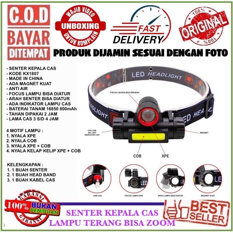 Bayar di Tempat  Senter Kepala Cas Tahan Lama KX1807 Lampu XPE COB Terang Bisa Atur Fokus Tahan Air 