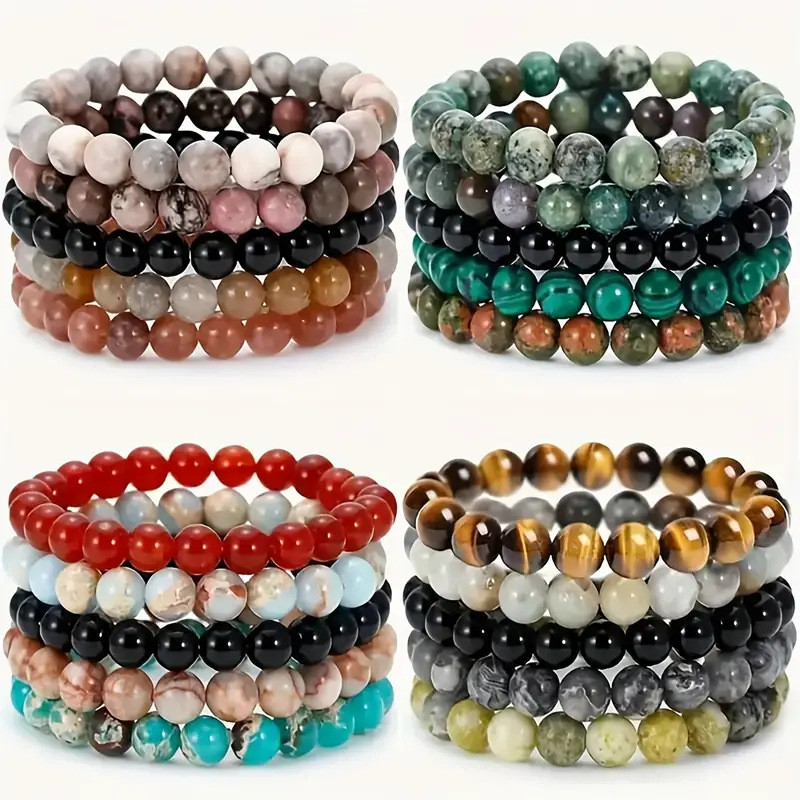 Batu akik alami, pirus, mataharimau, tali elastis, gelang manik-manik Eropa dan Amerika, gelang 5 bu