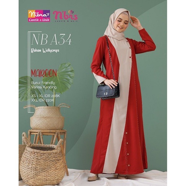 [MAROON] NIBRAS GAMIS ELEGAN NB A34 BAHAN WOLLYCREPE GAMIS MUSLIMAH POLOS BERKUALITAS DUA WARNA