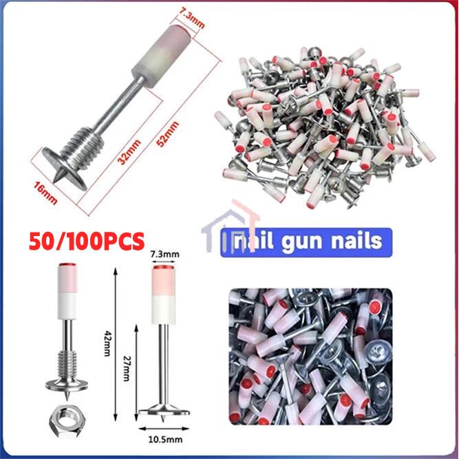 [COD] Alat Pistol Paku Tembak Beton Paku Beton Besi Kayu Ramset Paku Kecil 100PCS Ring Paku Beton Mi