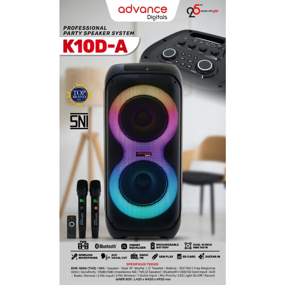 Advance Speaker K10D-A Portable Bluetooth DUAL Mic 10 Inch Bass Kuat RMS 100W LED RGB Garansi Resmi