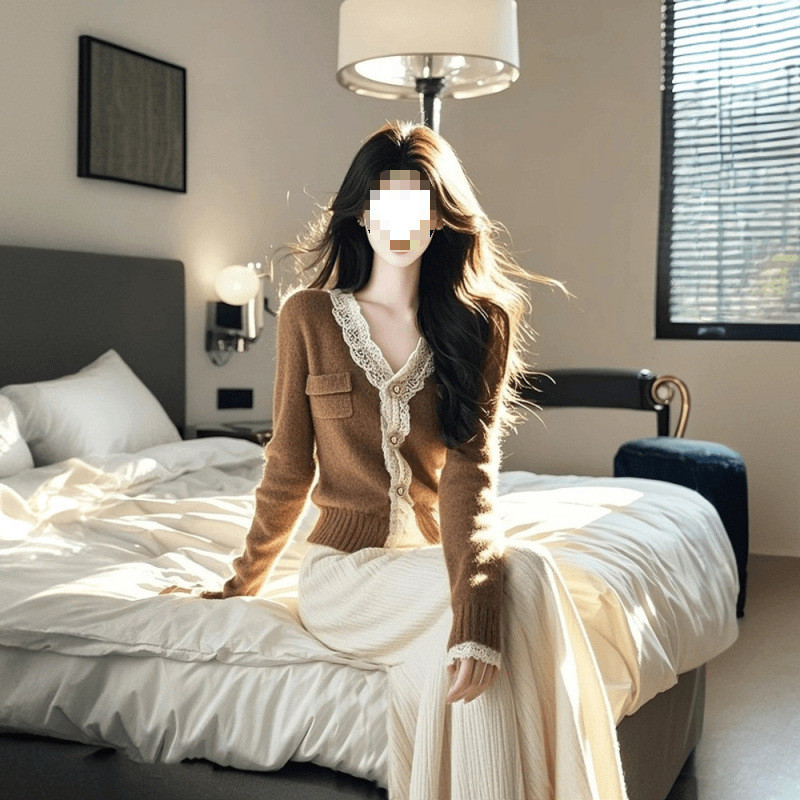 Set Dua Potong Cardigan Rajut Mewah Gaya Prancis dan Celana Santai