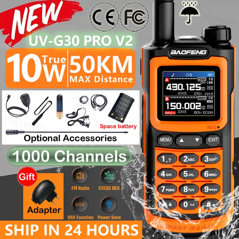 2025 Baofeng UV G30 Pro Walkie Talkie Long Range Portable 1000 Channel Ham FM Radios UHF VHF USB C C