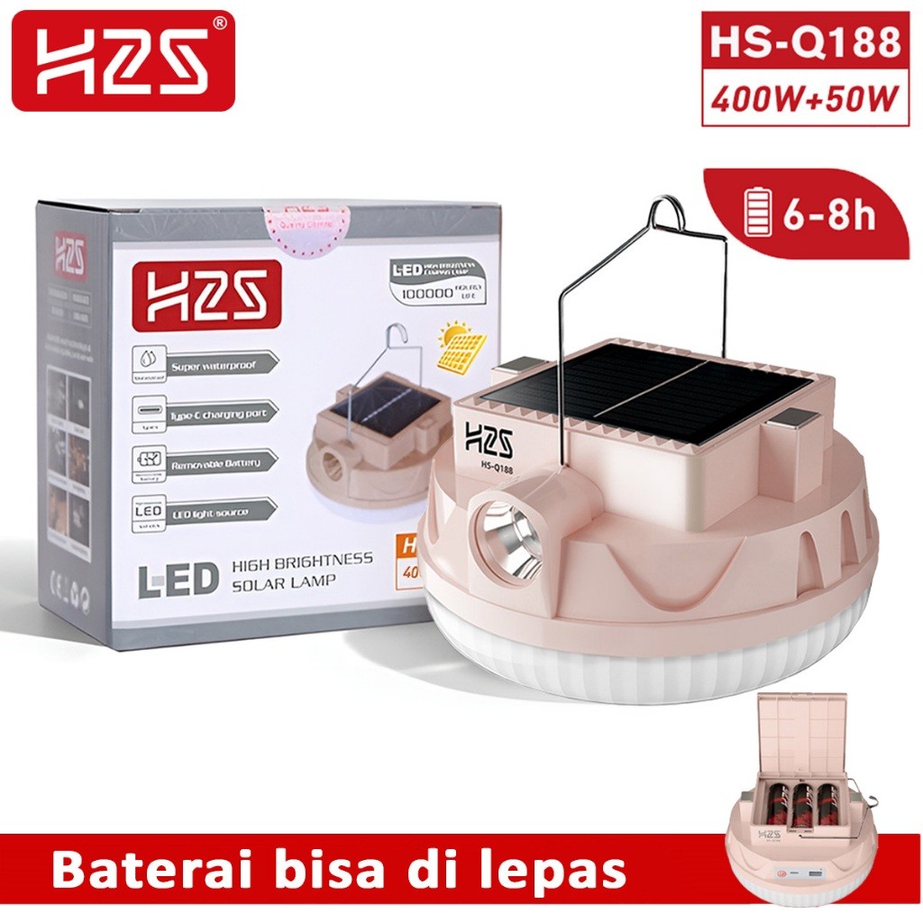 H2S Lampu LED Emergency UFO + Senter HS-Q188 Solar Panel 400w + 50w Baterai Lepas