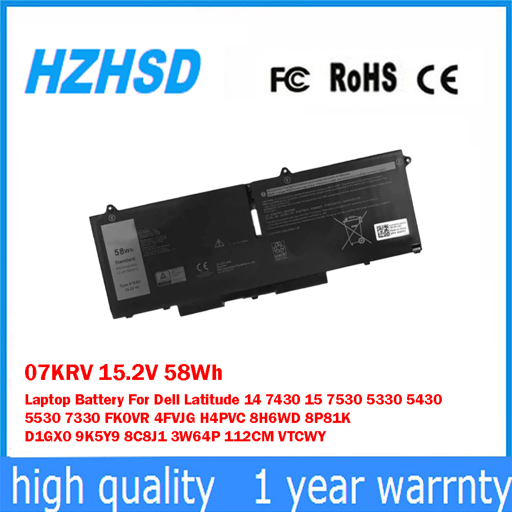 07KRV 15.2V 58Wh Laptop Battery For Dell Latitude 14 7430 15 7530 5330 5430 5530 7330 FK0VR 4FVJG H4