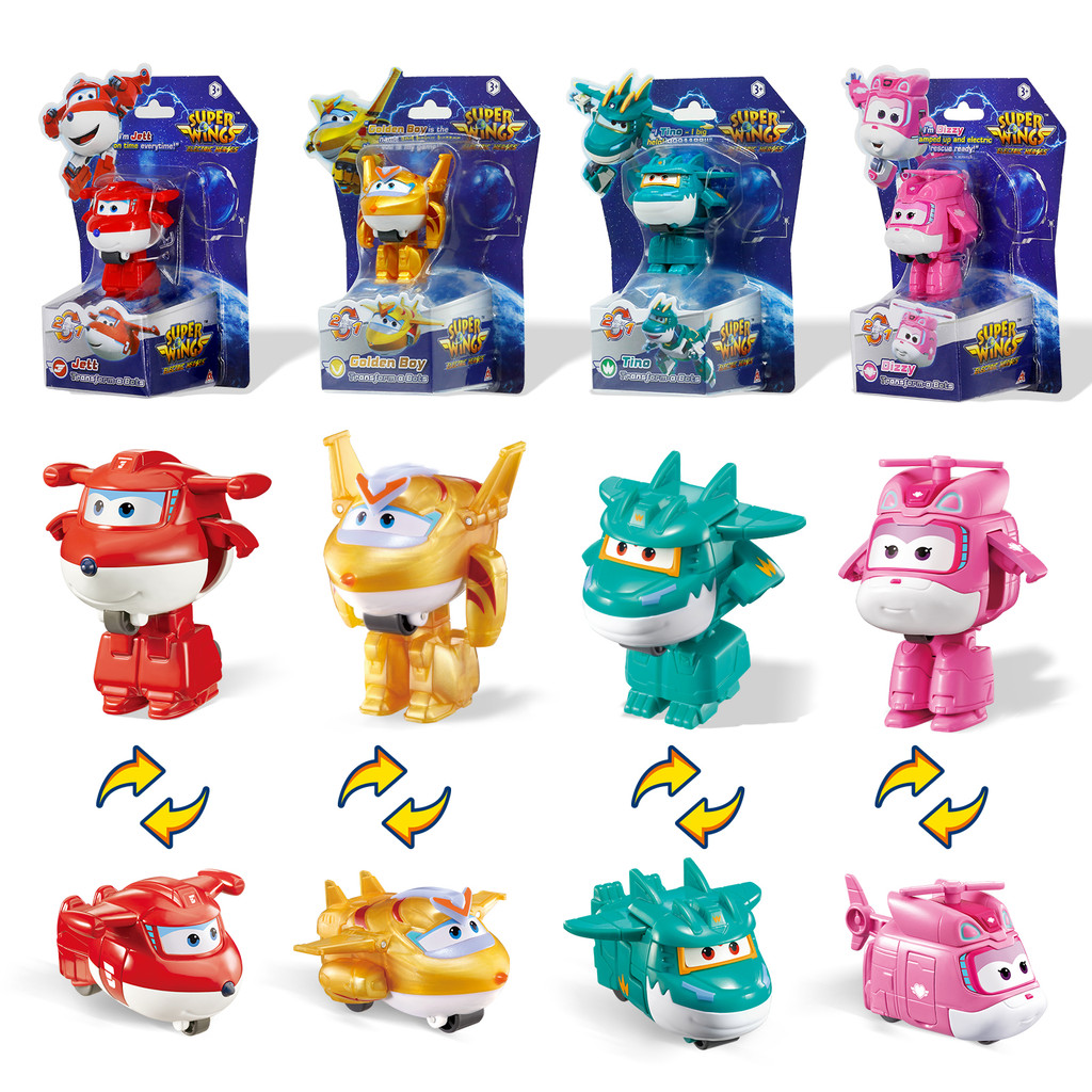 Super Wings 2" Transform-a-Bots 4-Pack, Superarged Jett, zzy, Tino, Golden Boy, Airplane Toys Vehicl