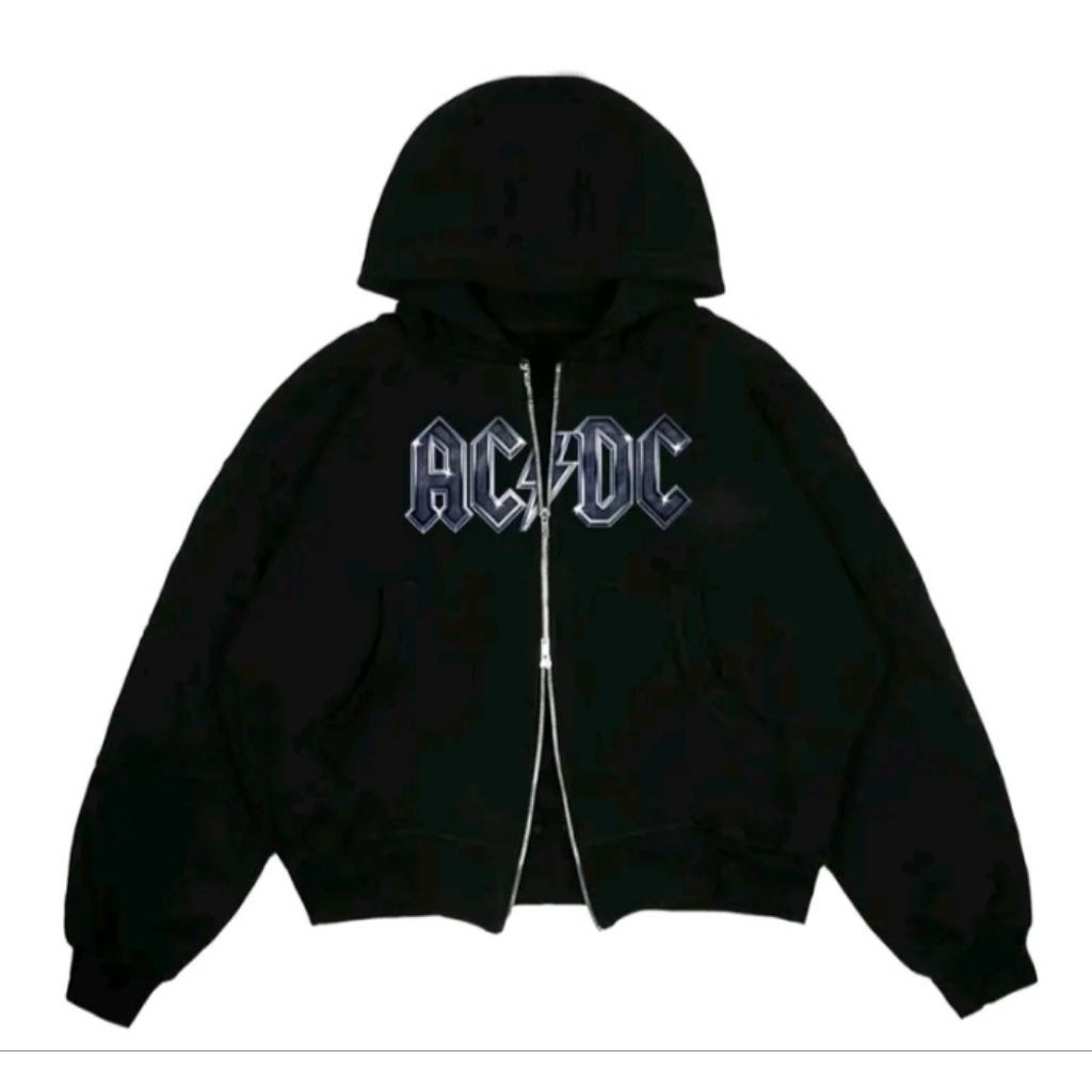 arowe store hoodie boxy double zipper hitam ACDC unisex pria wanita resleting hoodie boxy oversize