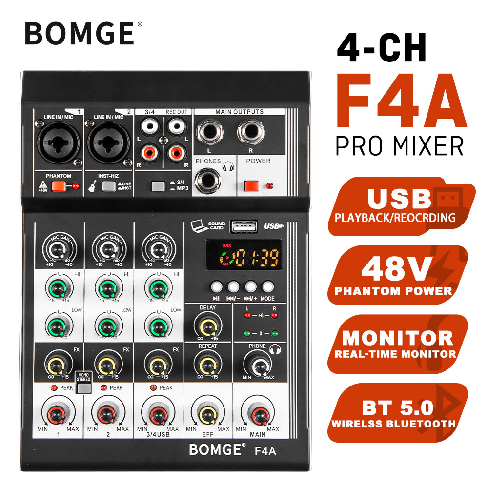 BOMGE F4A Audio Mixer 4 Channel Mini Mixer Audio SoundCard DJ controller Mini Family KTV karaoke mix